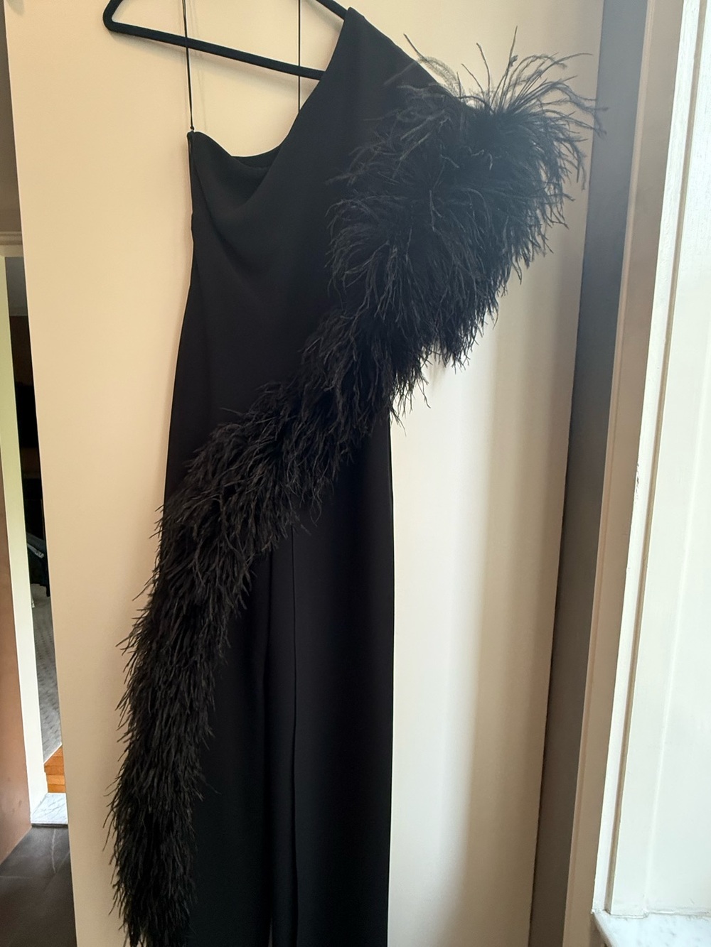 Ralph Lauren Black One-Shoulder Feather-Trim Jumpsuit